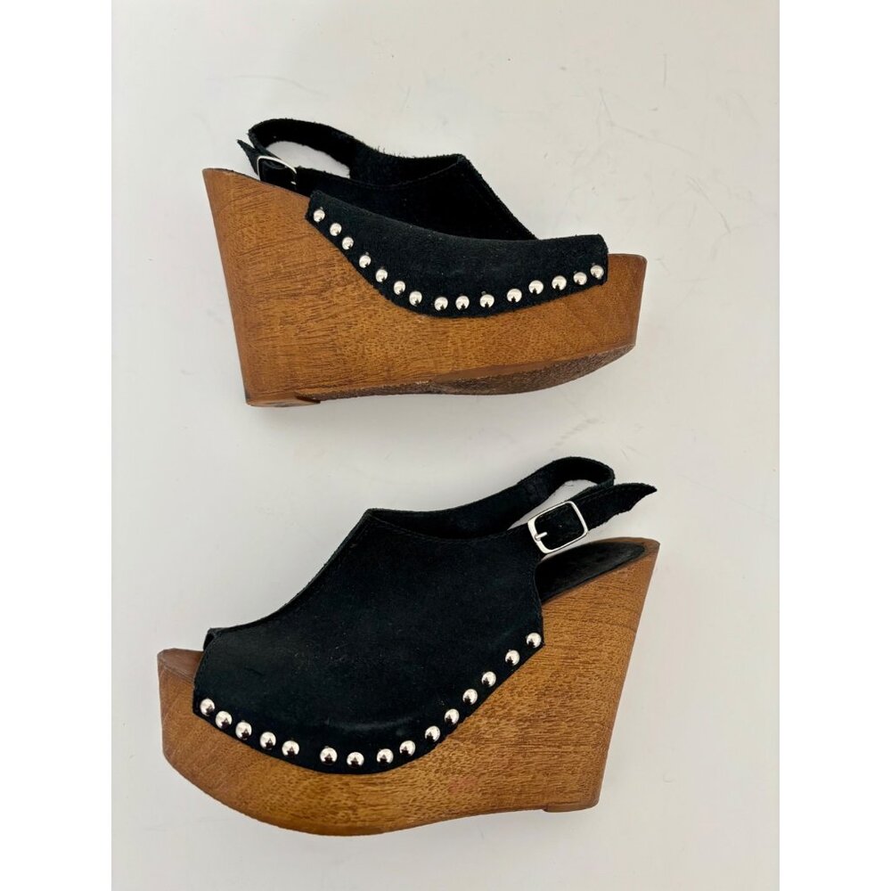 Charles David Wedges 7 Suede Studded Wood Platform Sandal Boho Chic Quiet Luxury - Picture 5 of 12